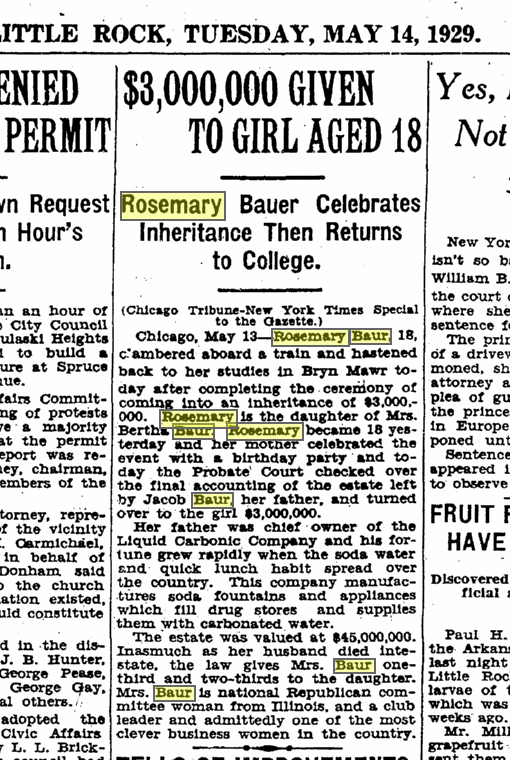 Arkansas Gazette May 14, 1929 Rosemary Baur