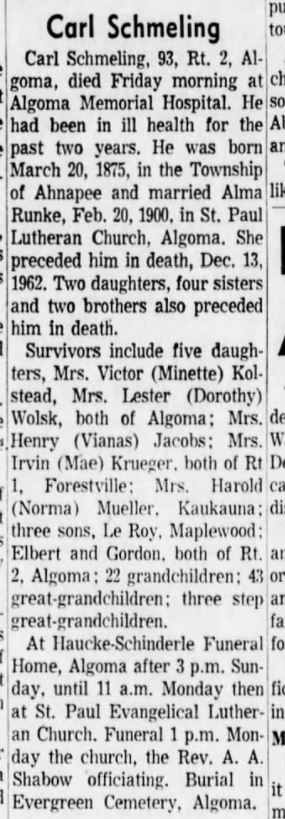 death of Carl Schmiling 18 Jan 1969 Green Bay Press