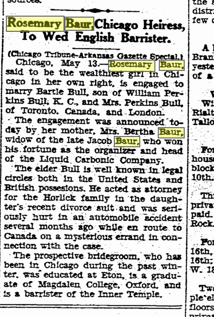 Rosemary Baur to Wed Bartle Bull from Arkasas Gazette May 14, 1931
