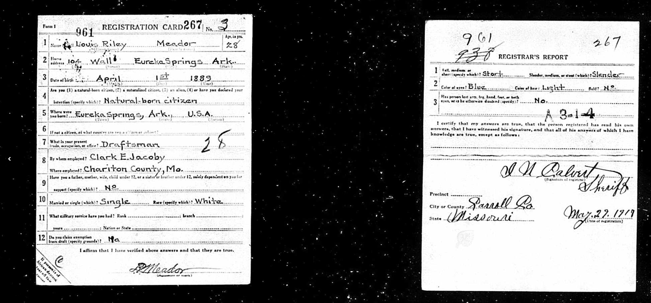 Louis Riley Meador WWI draft registration
