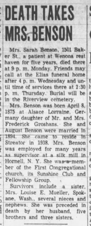 30 Mar 1965 death of Sarah Groshans Benson The Times, Streator, IL