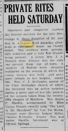 funeral of Jane Agens Hess from 10 March 1919 News Palladium