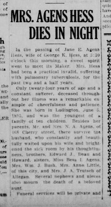 Mrs. Agens Hess dies from News Palladium 7 March 1919 part 1