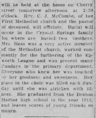 Mrs. Agens Hess dies from News Palladium 7 March 1919 part 2