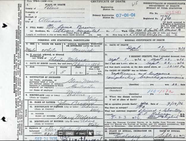 1936 death certificte of Louis Bravin