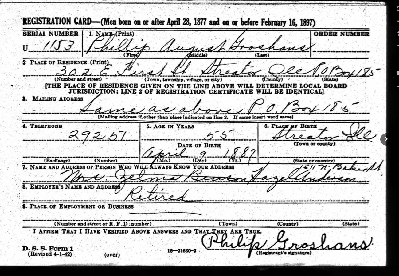 draft card for Philip Groshans