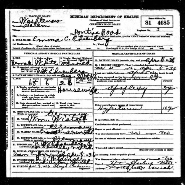 Emma Ehrenberg death certificate