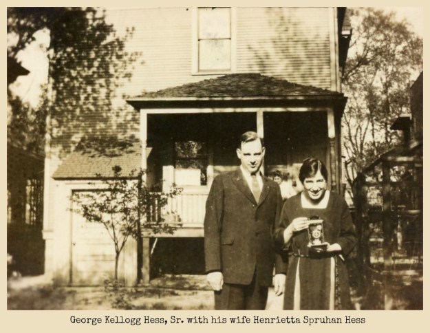 George Kellogg Hess Sr. and Henrietta in front of house with camera
