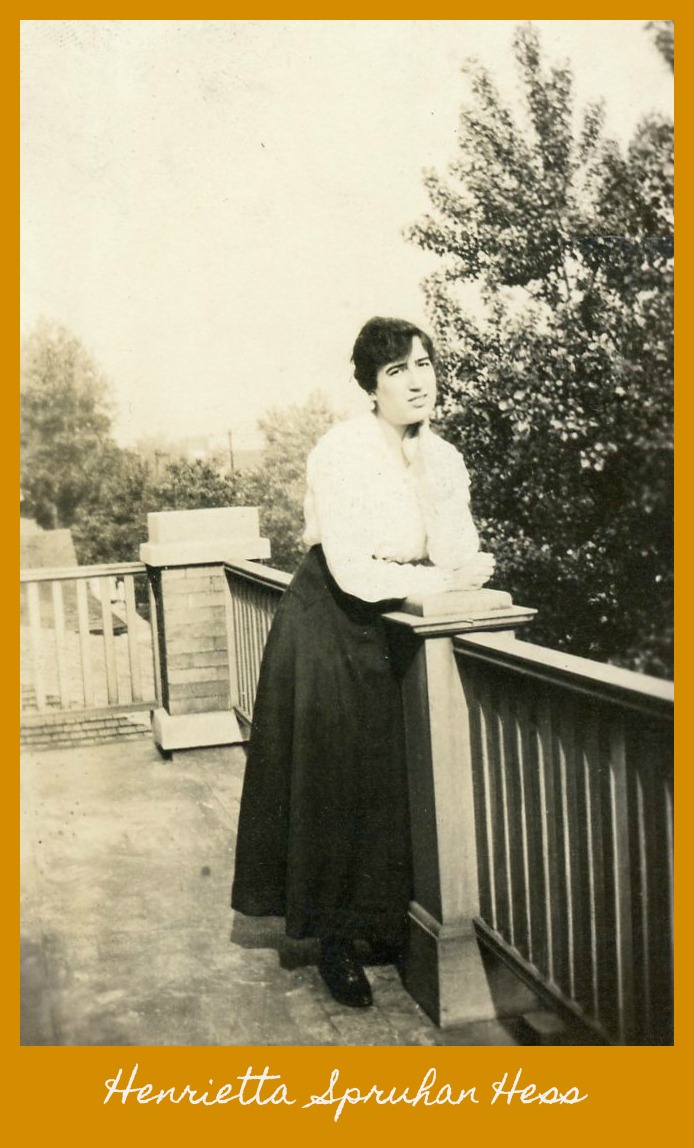 Henrietta Spruhan Hess leaning on porch post