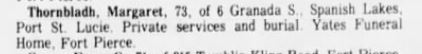 death of Margaret Thornbladh from Palm Beach Post 15 Apr 1975