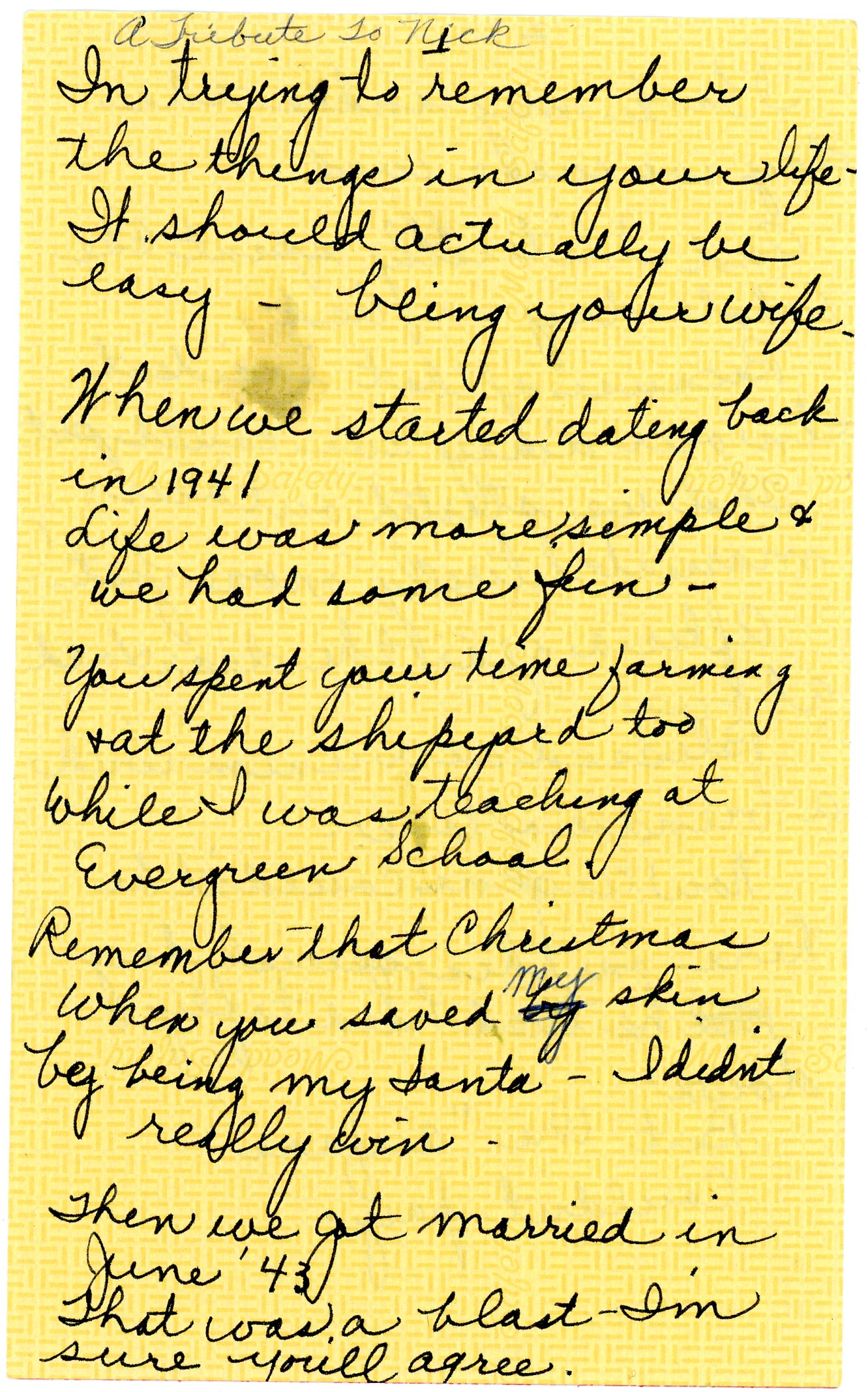 Joyce Shaw Wiesner tribute to Nick Wiesner page 1