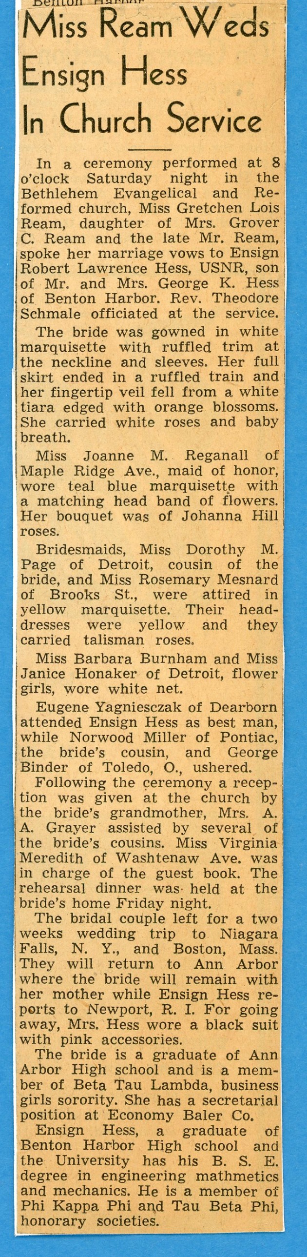 Robert and Gretchen wedding announcement Feb. 1945 part 2