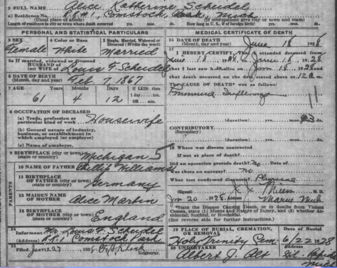 death certificate of Alice Katherine Williams Scheidel