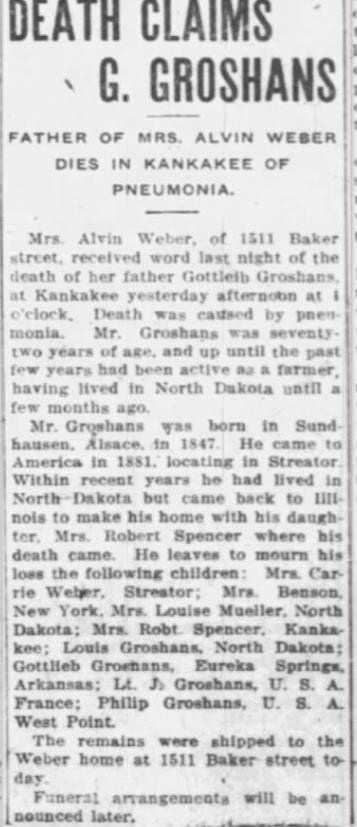 26 Aug 1919 The Times, Streator IL death of G. Groshans