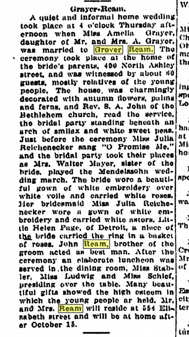 Grayer Ream Wedding in AA news Sept. 27, 1912