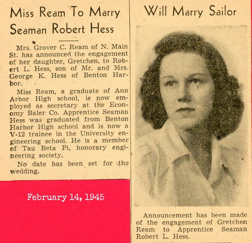 Robert and Gretchen wedding announcement Feb. 1945