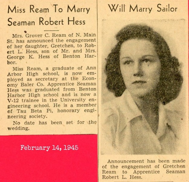 Robert and Gretchen wedding announcement Feb. 1945
