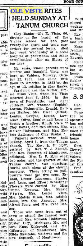 Ole Viste death 4.10.1936 Door Co. Adv.